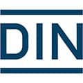 A white and blue logo with the word din.