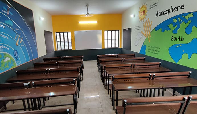 A classroom with colourful walls 