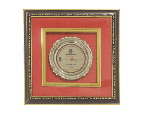 Image of framed trophy in a red frame over a white background 