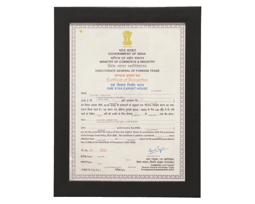 A certificate with a black frame.