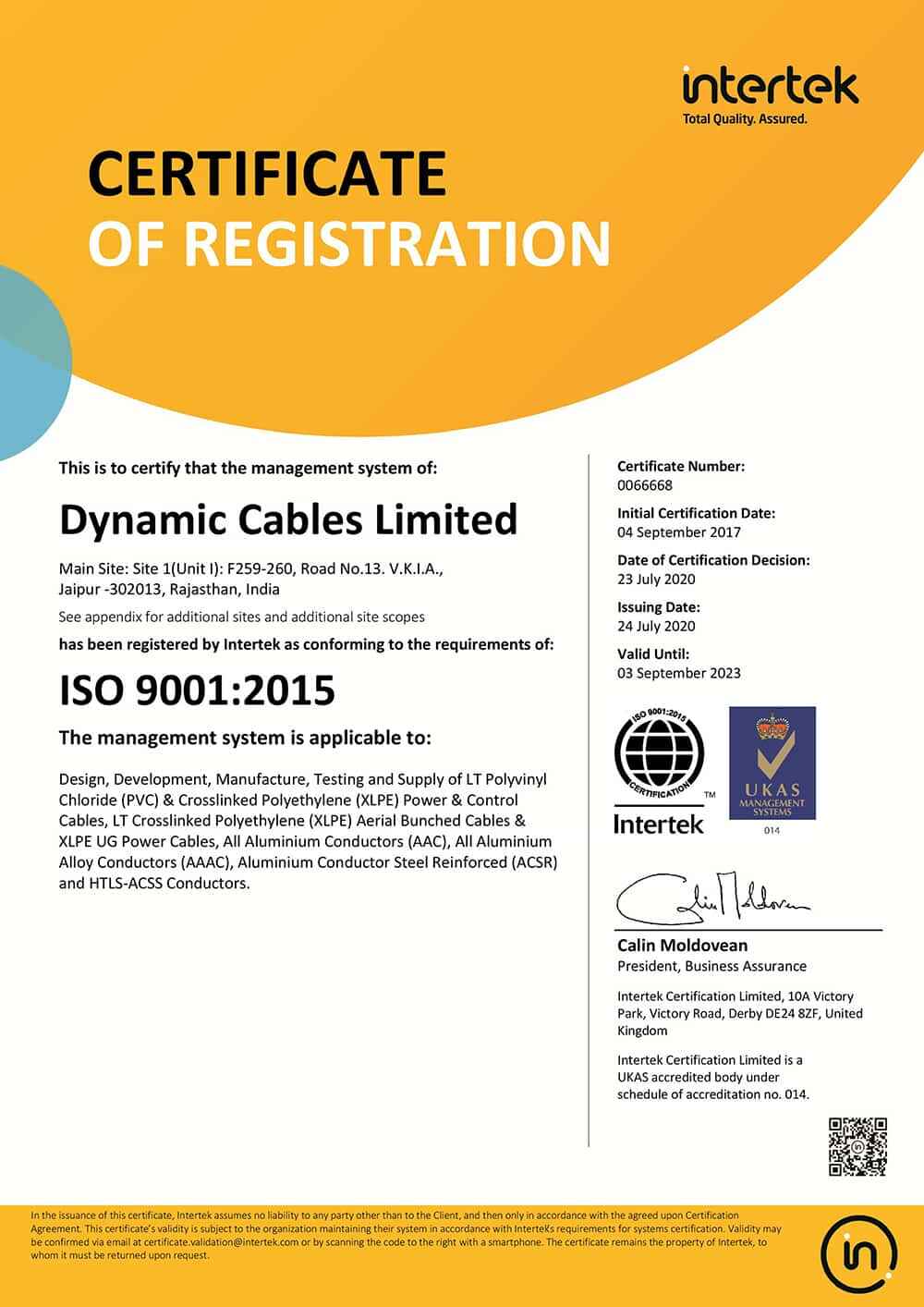 Dynamic Cable's certificate of registration